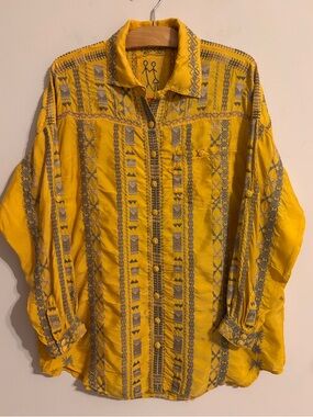 Johnny Was Button Down Yellow heavily embroidered Blouse